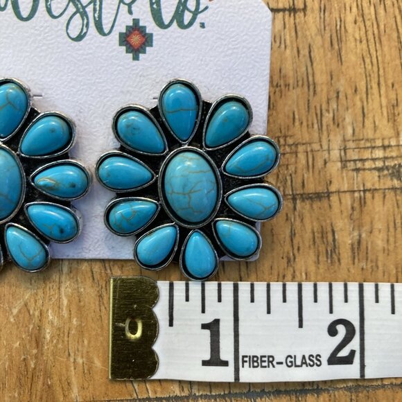Faux Turquoise Floral Earrings large statement jewelry western southwest - Picture 7 of 8